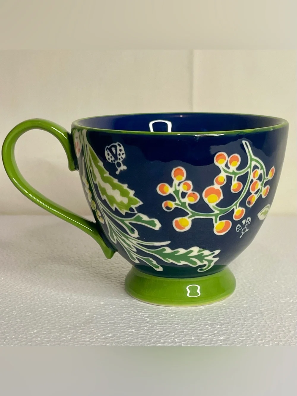 Anthropology Ella Ayaka Decorative Footed Slipware Coffee Cup 12 Oz Blue Green